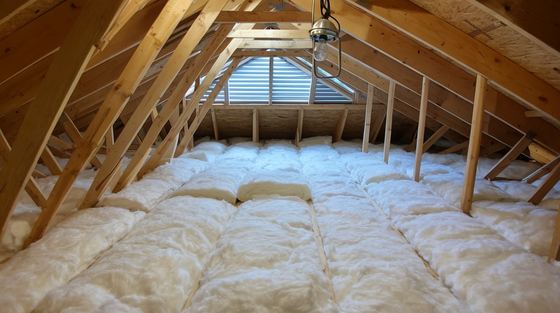 An attic with thick new insulation batts laid between the ceiling joists