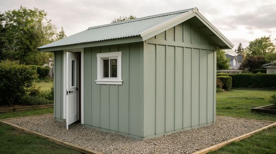 A new sage-green board-and-batten shed sitting level on a compacted gravel pad in a backyard
