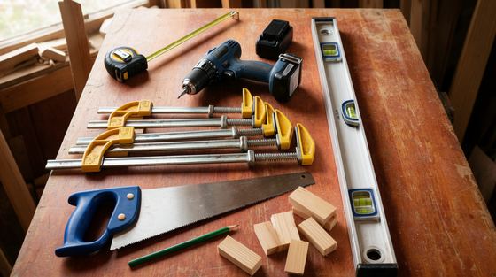 A tape measure, cordless drill, long level, bar clamps and a handsaw laid out on a wooden workbench
