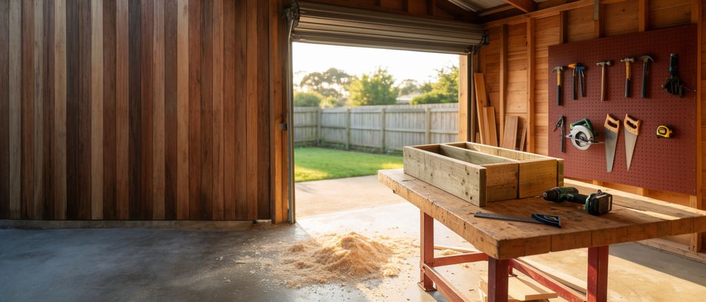 A home workshop in a timber garage, workbench with a cedar planter box and drill, roll-up door open to the backyard