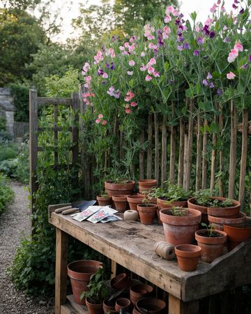 A weathered potting bench with terracotta pots and seedlings against a fence