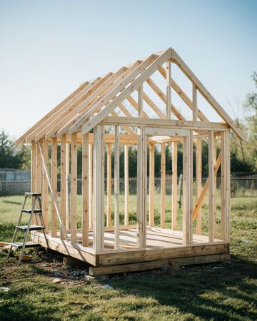 Fresh pine framing of a small backyard shed on a level floor platform