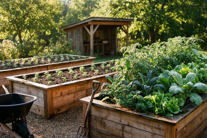 Raised cedar vegetable beds full of tomatoes and kale with a small shed behind